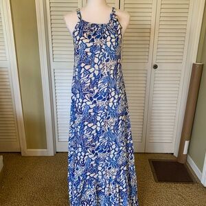 Claudia Collezioni Blue & White Floral Linen Blend Maxi Dress Size S